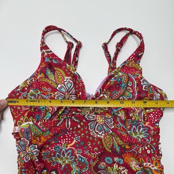 Athleta Tankini Swimsuit Red Paisley Size 34 D/DD Pads Included Cinched Sides M - Picture 4 of 9